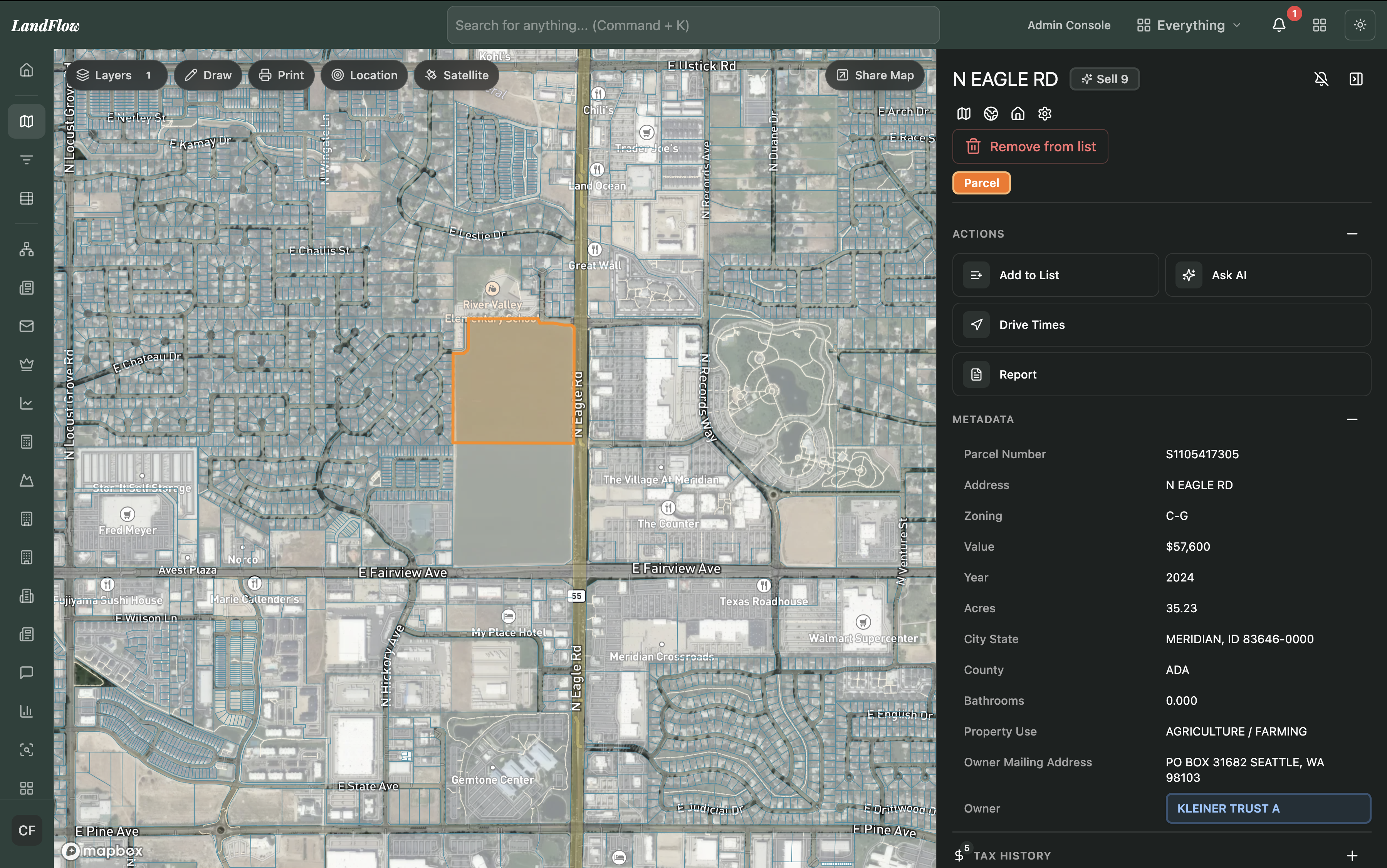 LandFlow platform — parcel map and property intelligence