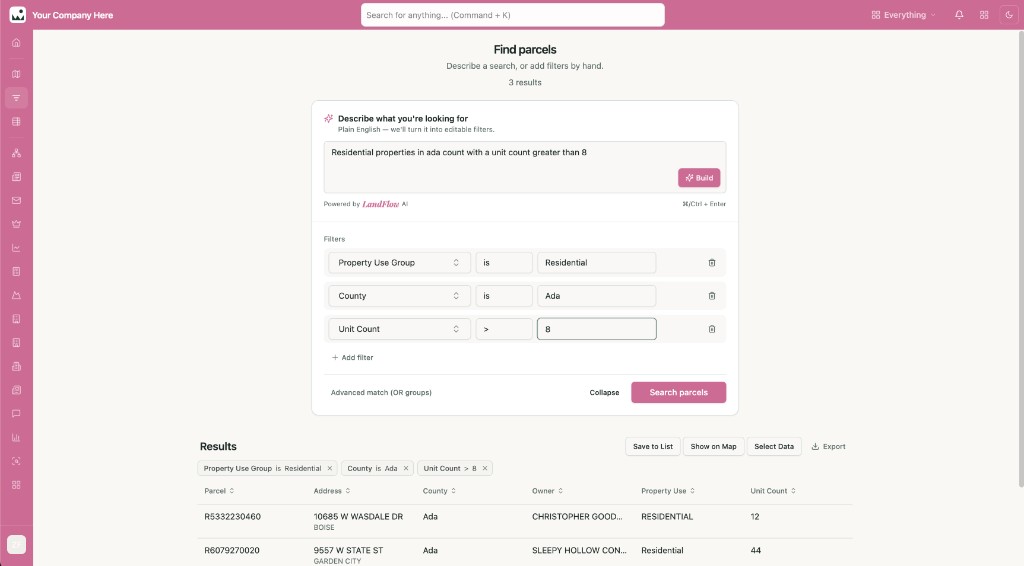 Advanced parcel search with AI-built filters and results table