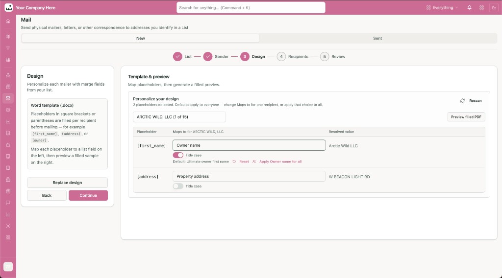 Mail campaign designer with merge-field mapping for personalized letters