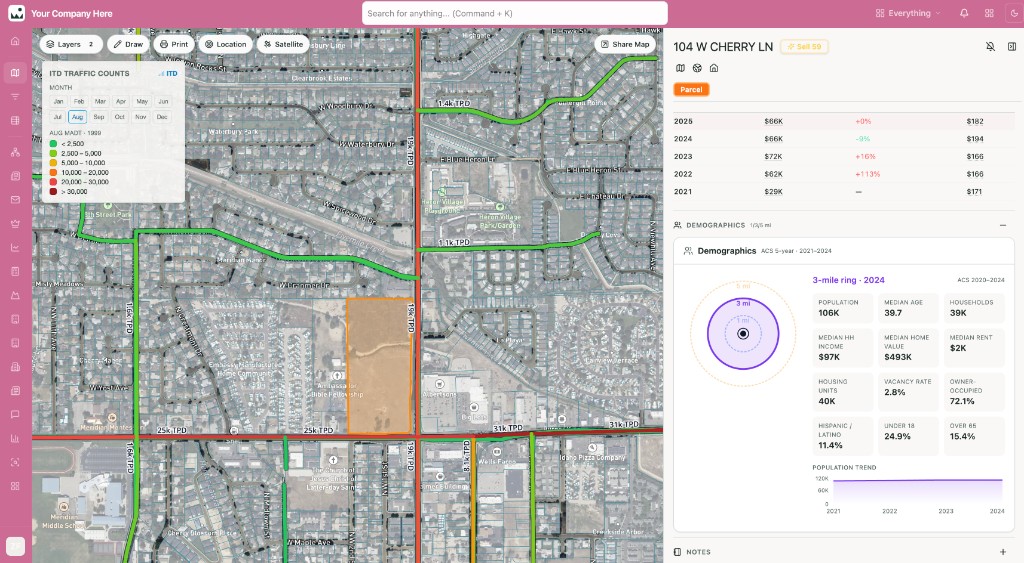 Parcel map with traffic counts and area demographics