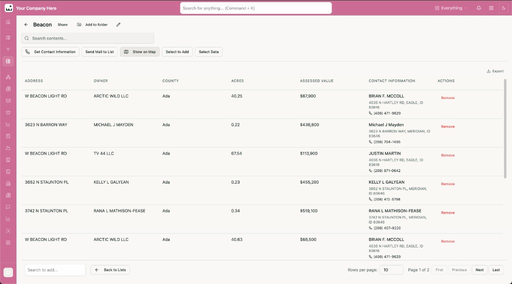 Property list with skip-traced owner contact information
