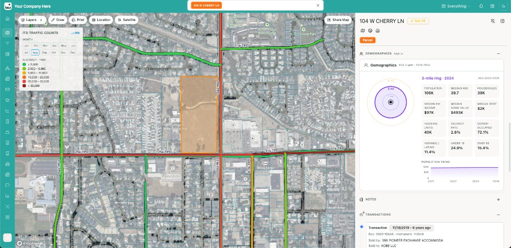 Underwriting view — demographics and traffic counts around a parcel