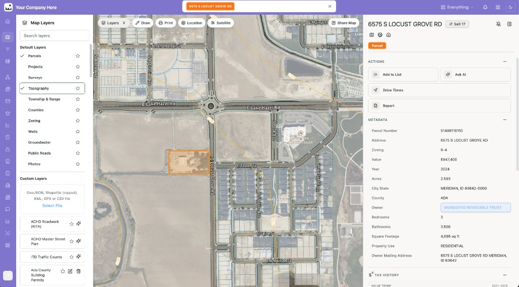 LandFlow map with 200+ GIS layers — parcels, topography, and layer panel