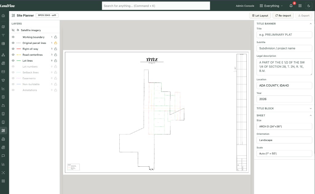 LandFlow Site Planner — preliminary plat on Arch D sheet with lot layout