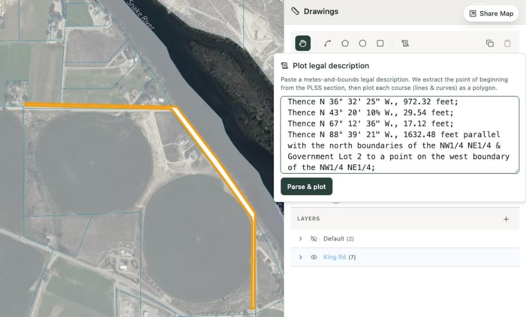 Legal description pasted and auto-plotted on the parcel map